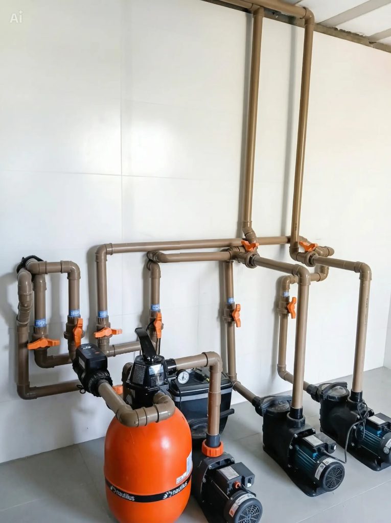 XSALT installation in a masonry machine room — piping, pumps and filter tank